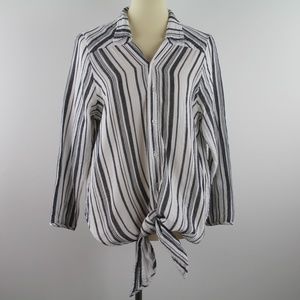 NSF Gauzy Cotton Stripe White Black Stripe Button Tie Up Front Shirt Top L